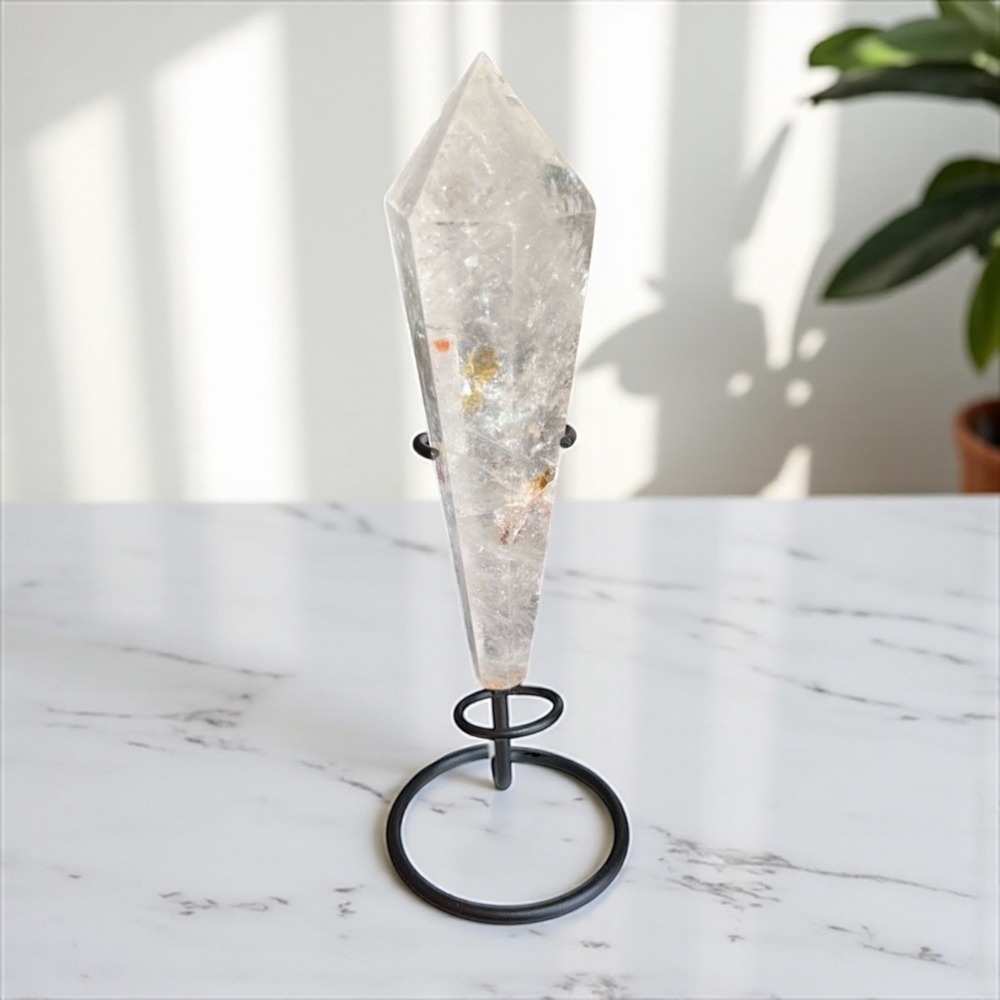 Clear Quartz Wand Rainbow Flash Crystal with Golden Healer & Pyrite Sparkle